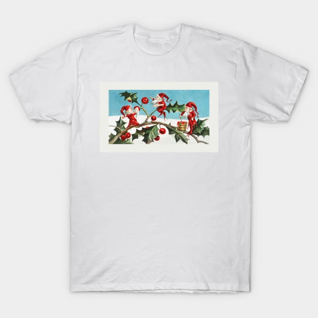 Santa elves painting berries on holly leaves T-Shirt by Oldetimemercan